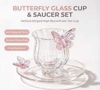 Ensemble tasse et soucoupe en verre borosilicate rose papillon, à nervures verticales, résistant à la chaleur, transparent, pour la maison