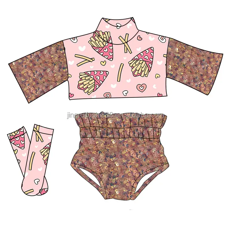 Vente en gros ensembles de vêtements 3 pièces pour bébés filles saint valentin frites collage de paillettes roses hauts à manches larges chaussettes courtes tenues