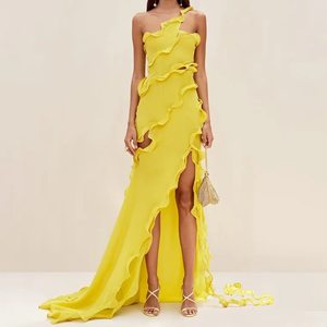 Vestido de playa de chifón con un solo hombro, volantes, abertura lateral asimétrica, elegante vestido de fiesta sin mangas, vestido largo para mujer - Product Image 5