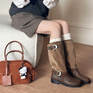 Dong Jie Retro Women's Knee-High Boots Solid Pattern Mid-Sole with Large Belt Buckle and Slim Thick <b>Heel</b> Same Style As Knights - Product Image 3