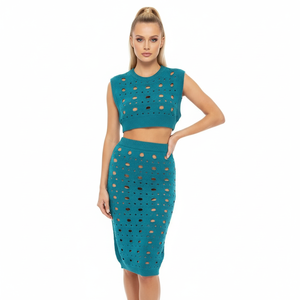 Low Moq Custom Women Knit Sweater Suit Sleeveless Crew Neck Women Knit Vest Suit Hollow-out Knit Skirt Two-piece Sets