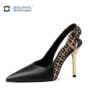 Sandali da Donna in Vera Pelle con Logo Personalizzato, Taglie Grandi, Punta Sfilata, <span class=keywords><strong>Tacco</strong></span> a Spillo <span class=keywords><strong>Alto</strong></span> e Dorato, Cinturino Slingback - Product Image 4