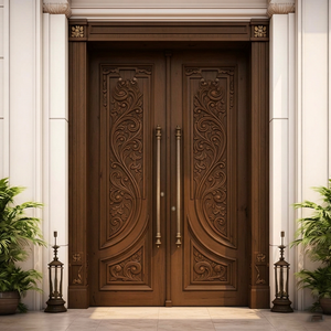 Puerta de Entrada de Madera Sólida GA-48S con Diseño Curvo y Doble Moldura Artesanal para Villa y Apartamento - Product Image 1