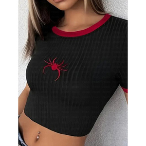T-shirt da <span class=keywords><strong>Donna</strong></span> Leggera con Ricamo a <span class=keywords><strong>Ragno</strong></span> e Decorazione Cartoon, Top Corto a Maniche Corte - Product Image 1