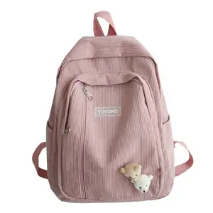 wholesale Embroidery logo Label Large Capacity Teenager Girls School Bags Ladies Travel Daypack Kids Cute Pink Corduroy Backpack