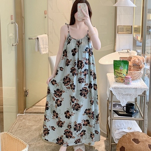 Estate estiva motivo floreale in cotone camicia da notte in seta elastico in vita bretelle per maternità abito per lunghe vacanze al mare - Product Image 2