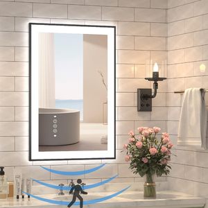 Miroir de salle de bain mural moderne avec capteur corporel, cadre noir rectangulaire, verre trempé, écran tactile, éclairage LED, anti-buée - Product Image 1