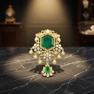 Broche royale en argent 925 avec pierre précieuse couleur émeraude et moissanite, finition or antique, bijoux de luxe pour femmes, vente en gros - Product Image 4