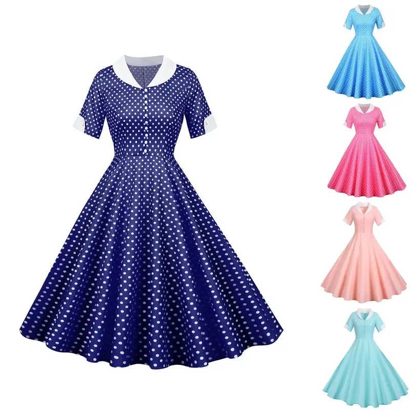 Polka Dot Swing Phụ Nữ Văn Phòng Cổ Điển Robe Beading Ngắn Tay Áo Retro Chic Rockavely Đảng Mùa Hè Dresses A-Line Vestidos