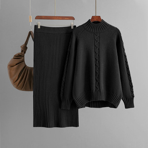 Nuovo Set Invernale da Donna: Maglione <span class=keywords><strong>di</strong></span> Lusso Ampio con Collo Alto a Metà Girocollo, Maniche Lunghe e Gonna a Costine alla Moda - Product Image 2
