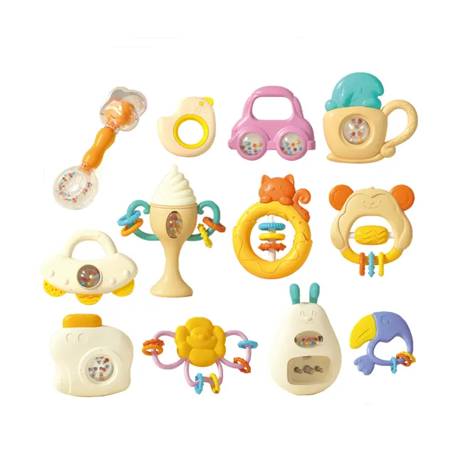 Soft glue sound rattle toys 12pcs cartoon hand bell play set can boiled teether toy rattle for babies