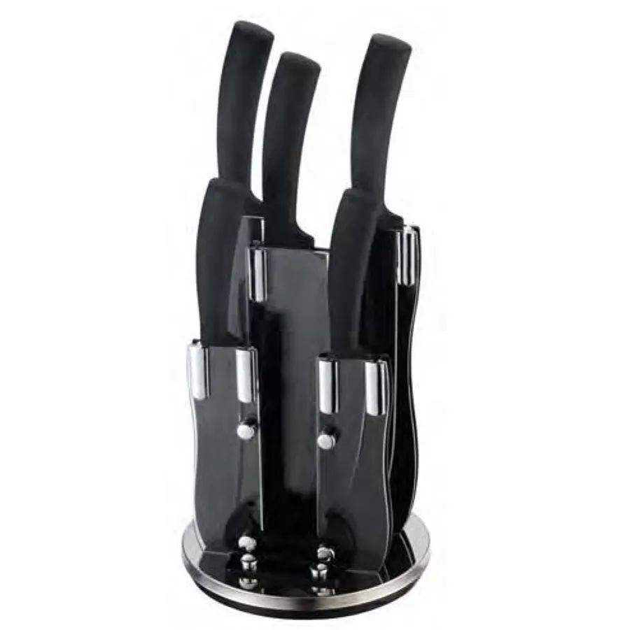 Set pisau hitam tidak lengket, 5 buah pisau dengan blok Putar baja tahan karat untuk pisau pengiris koki dapur