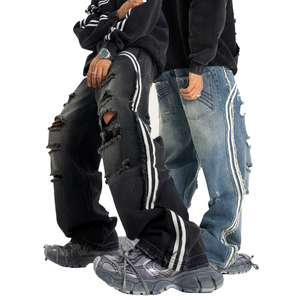Pantalons en <span class=keywords><strong>jean</strong></span> personnalisés pour garçons, déchirés, effet délavé, jeans boyfriend pour hommes, OEM, bande blanche sur le devant, jeans baggy pour hommes - Product Image 3