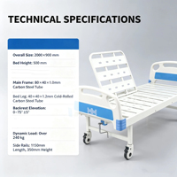 Lit médical manuel à manivelle unique en acier au carbone, lit de soins pour patients avec dossier réglable, barrières de sécurité pliantes et planches en ABS