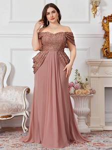 Vestido de Noche Formal <span class=keywords><strong>Maxi</strong></span> de Gasa con Hombros Descubiertos, Manga Corta, Espalda Descubierta, Lentejuelas, Patchwork, Cintura Fruncida y Cola Larga - Product Image 2