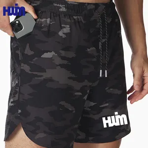 Custom Logo Binnennaad Spandex Gym Shorts Mesh Fitness Heren Gym Shorts Met Zakken Heren Korte Zwarte Camo