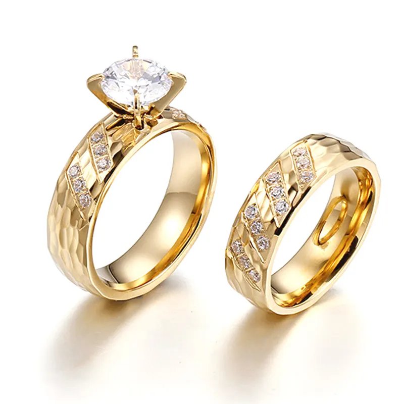 Cincin Pernikahan Pertunangan, Perhiasan Cincin Berlian Baja Nirkarat Wanita Lapis Emas 14K Kustom