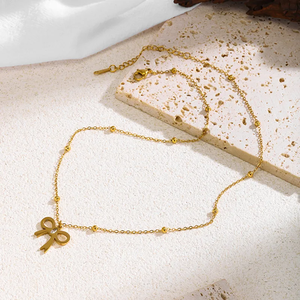 Elegante Collar para Mujer, Chapado en Oro, Acero Inoxidable, Diseño de Lazo con Circonita, Cadena para Clavícula, Oro Rosa, Accesorios de Moda - Product Image 3