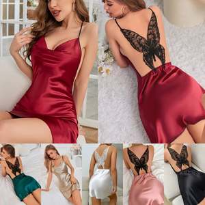 Pyjama en satin SFY4121 pour femme, nuisette sexy évidée motif papillon, vêtements de nuit très demandés à prix réduit - Product Image 1