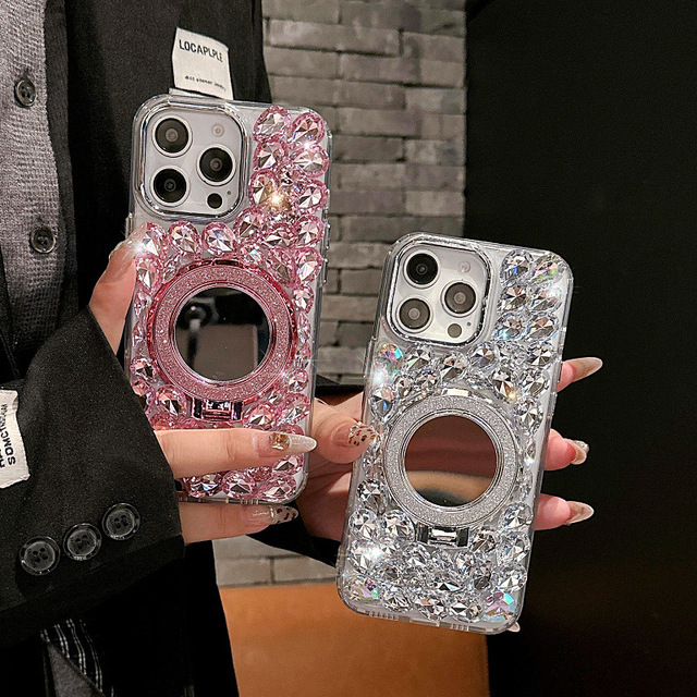 Luxurious Diamond Design PC Material Magnetic Stand Mirror Case with Phone Grip for 16 Pro Max/15/14 Plus/13 Pro Max