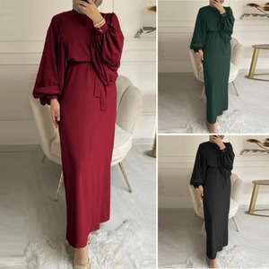 Venta al por mayor vestidos de túnica musulmana Abaya musulmana <span class=keywords><strong>Color</strong></span> sólido O-<span class=keywords><strong>beck</strong></span> suelta nueva moda mujeres Maxi Vestido de manga larga - Product Image 2