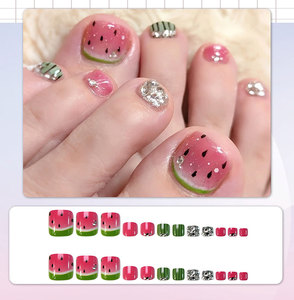 Uñas postizas de sandía fresca de verano hechas a mano, con purpurina efecto ojo de gato, divertidas y lindas, estilo corto para chica, de China. - Product Image 6