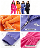 Ensemble 2 pièces pour femme OEM ODM en molleton 100 % coton, comprenant un sweat à capuche zippé imprimé décontracté et un pantalon évasé, longueur standard, col marin