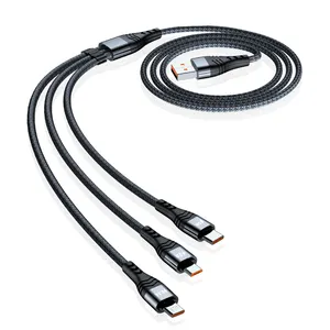 Kabel pengisian daya USB mikro L, perlindungan cerdas kepang nilon Tipe C 3in1 5A 66W, kabel 1.2M untuk sebagian besar ponsel