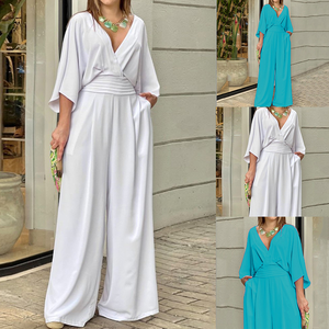 Combinaison élégante et décontractée pour <span class=keywords><strong>femme</strong></span>, col en V profond, manches mi-longues, devant croisé, taille froncée, jambes larges, avec poches – Vente en gros - Product Image 2