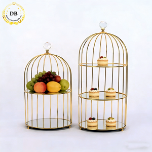 Supporto per <span class=keywords><strong>Torta</strong></span> Vintage in Metallo Dorato a Forma di Gabbia per Uccelli con Specchio in Vetro, Base a 2 o 3 Livelli per Celebrazioni Nuziali - Product Image 1