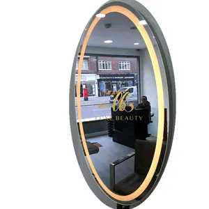 luxury led stainless makeup round floor smart mirror double sided diamond mirror station oval mirror for Barber salon