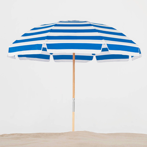 Paraguas de playa de poste de madera de gran tamaño de 7,5 pies a prueba de viento UV 50 + rayas azules resistentes paraguas de Patio personalizado con flecos con ventilación de aire - Product Image 3