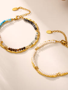 Elegante Set di <span class=keywords><strong>Collana</strong></span> e Bracciale Fatto a Mano in Acciaio Inossidabile <span class=keywords><strong>con</strong></span> Perle e <span class=keywords><strong>Pietre</strong></span> Naturali per Uso Quotidiano Femminile - Product Image 5