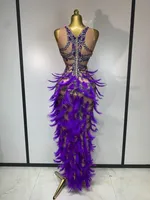 Damen Funkelndes Strass-Feder-Bodycon-Kleid Sexy Luxuriöses Geburtstags-Abendkleid Modenschau Bühnenkostüm Abendgarderobe