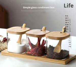 Ensemble de 3 boîtes à ail en verre borosilicate carré avec couvercles en bambou, contenants de rangement durables pour la cuisine, pour le <span class=keywords><strong>sel</strong></span>, les herbes, compatibles <span class=keywords><strong>lave</strong></span>-<span class=keywords><strong>vaisselle</strong></span> - Product Image 1