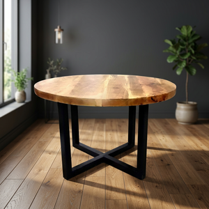 Mesa de Comedor Redonda de Madera de Mango Sólida de Estilo Industrial Vintage con Diseño Francés, Plegable, de Hierro y Metal, para Apartamentos, Hoteles, Villas - Product Image 2
