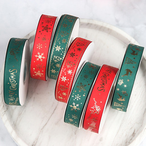 Pita poliester cetak Foil emas lebar 2.5 cm disesuaikan dengan Logo hadiah pita Grosgrain untuk dekorasi Natal - Product Image 1
