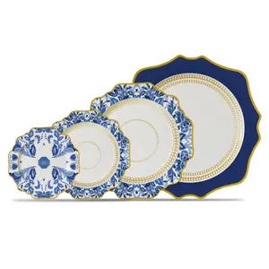 Supplier blue and white bone china dinner porcelaine golden ceramic dinnerware set under plates dish wedding table decorative