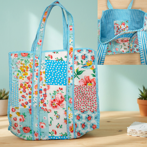 Encantadora Bolsa de Tela de Algodón con Estampado Floral en Bloques y Parches Azules - Estilo de Moda Ecológico Hecho a Mano por PNM Overseas - Product Image 3