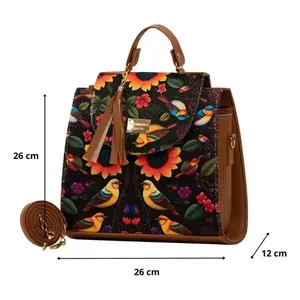 Bolso de compras de yute para mujer Fana Emilia, tamaño mediano, estampado de pájaros y flores, cierre con broche, asa larga para la mano - Product Image 4
