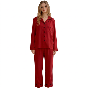 Women's <b>Red</b> Satin Long Sleeve Pajama Set Classic Turn-Down Collar Full Length Smooth Sleepwear Autumn Wear GOTS Certified - Product Image 2