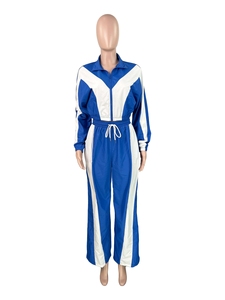 1055 New Fason Women's Color Blocked Zipper <b>Cardigan</b> Wide Leg Drawstring Sports Pants Twopiece Set - Product Image 2