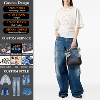 Jeans en denim ample et droit pour femmes, taille haute, bleu classique, lavage classique, broderie et œillets, sexy, été