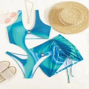 2022 Stock Tie-dyed Print Swimwear With Pad Ring Details Monokini Two Pieces Bathing Suit Beach Skirt