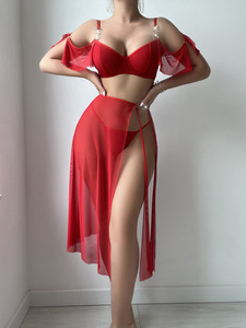 Rotes Damen Sexy Kleid mit Trägern, Netzstoff, Schlitz, Transparent, Verführerisch, Hoher Schlitz, Sexy Dessous-Kleid 3-teiliges Set für Frauen - Product Image 4