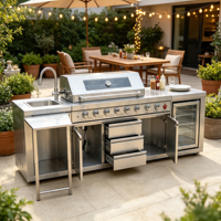 Îlot de cuisine extérieur modulaire de luxe en acier inoxydable avec barbecue à gaz 8 brûleurs, tiroirs et table pliable pour jardin de villa