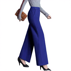 Women's High Waisted Wide Leg Pants Solid Color Crepe Loose Fit Elastic Waist Office Lady Full Length Trousers With Pockets - Product Image 4