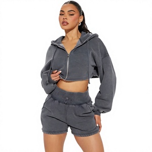 Women's Gray Fleece Hooded Crop Top Shorts <b>Set</b> Casual Two Piece Outfit Loose Fit Spring Summer Solid Color Knitted Sweatwear - Product Image 1