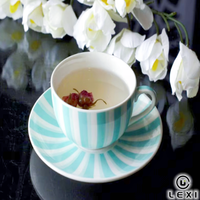 Service à thé de l'après-midi européen LEXI, ensemble en gros, avec théière en verre rayée bleu clair et blanc, infuseur en céramique, chauffe-thé et quatre tasses avec soucoupes