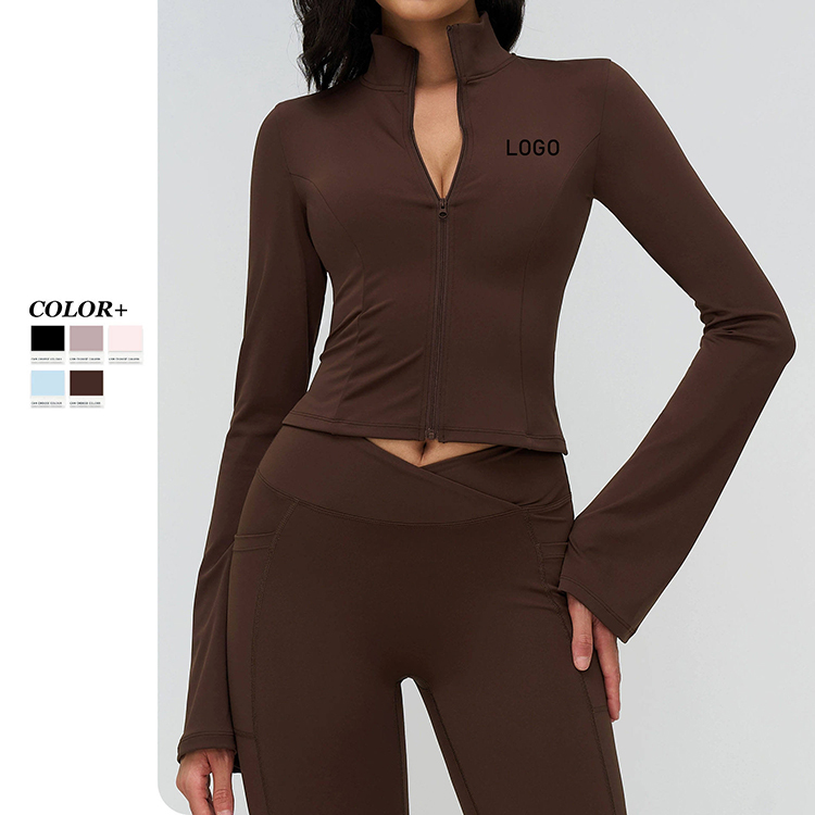 Custom Logo Women Yoga Jacket Stand Collar Full Zipper Flared Sleeve Quick Dry Breathable Slim Fit Running Workout Gym Wear